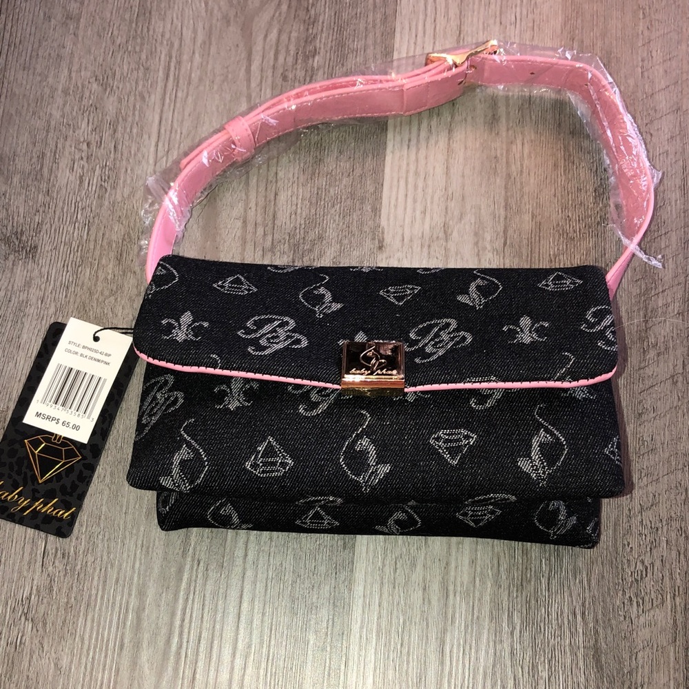 Baby Phat Black Denim & Pink With Monogram Print Flap Shoulder Bag NWT - Picture 16 of 16
